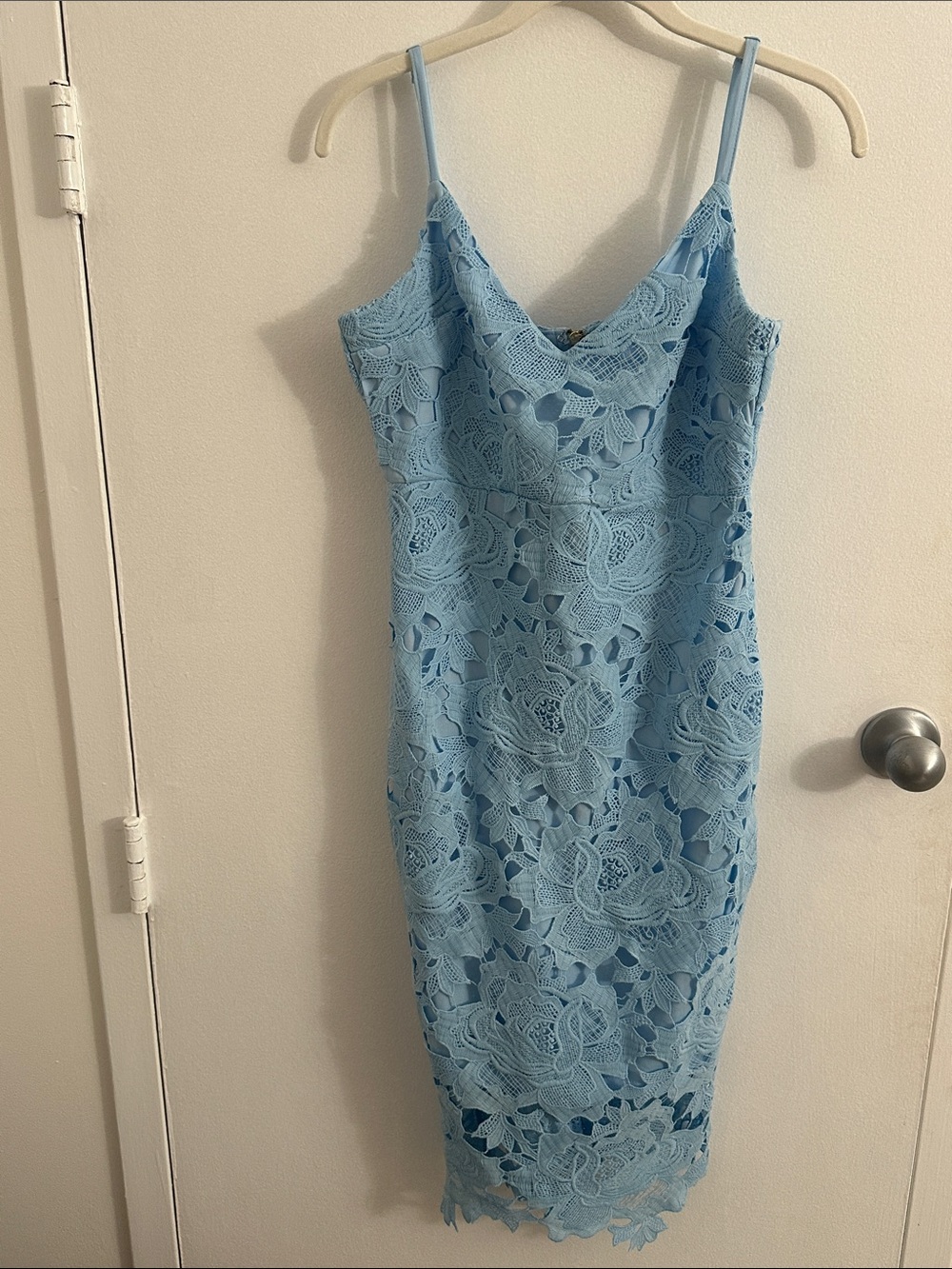 Boohoo Light Blue Lace Midi Dress with Spaghetti Straps